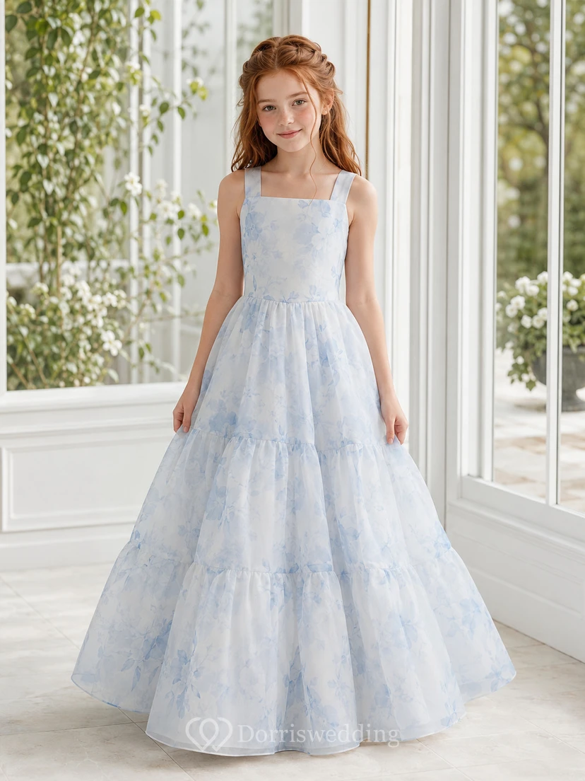 Vestido de niña de flores con volantes y estampado acuarela, de organza, corte en A, sin mangas, escote cuadrado, largo hasta el suelo, falda escalonada con detalle de volantes.