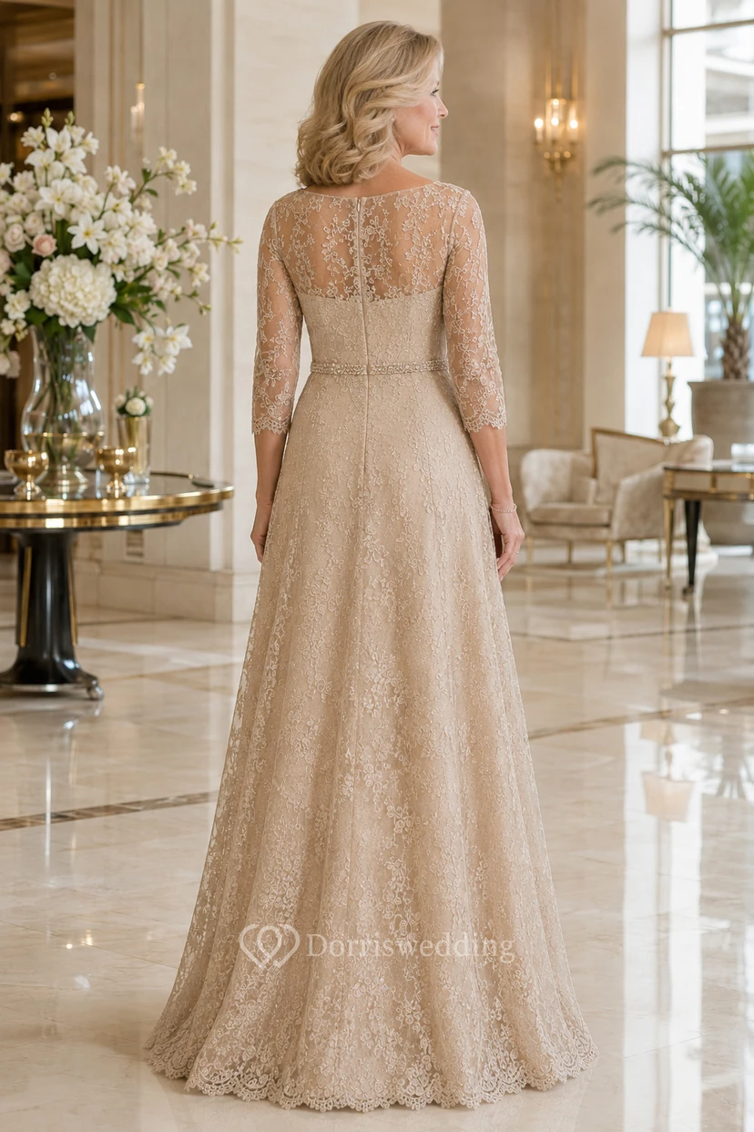 Champagnerfarbenes, langärmeliges A-Linien-Spitzenkleid für Mütter view 2