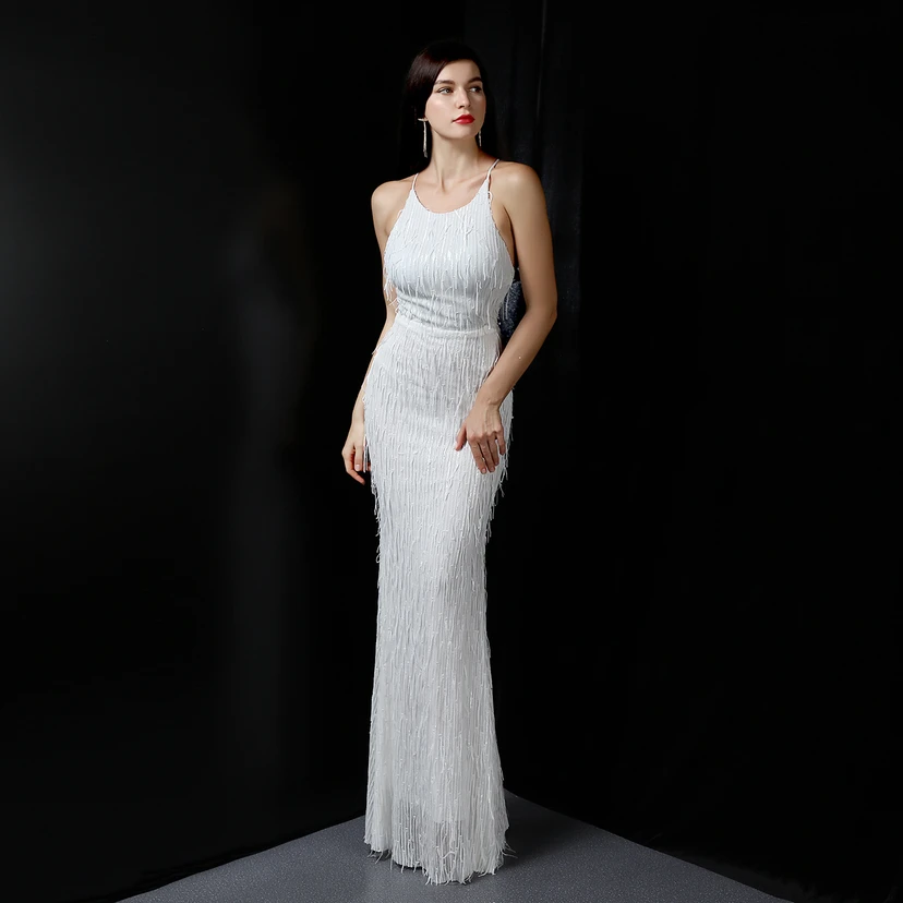 Vestido de noche elegante con borla de hilo de seda de poliéster y lentejuelas estilo cola de pez para banquetes, reuniones y eventos. Ideal para anfitriones. Modelo de coche. Otoño. view 2