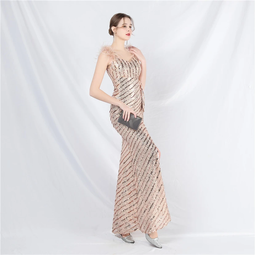 Evening Dress Craft Beaded Ostrich Feather Sequined Side Slit Evening Dress view 50