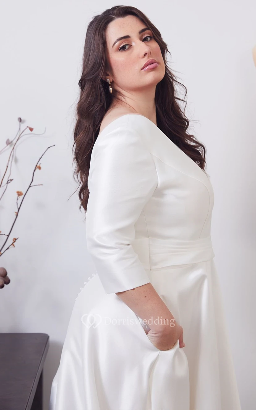 Modernes Brautkleid aus Satin in Übergröße mit V-Ausschnitt, A-Linie und Taschen view 3