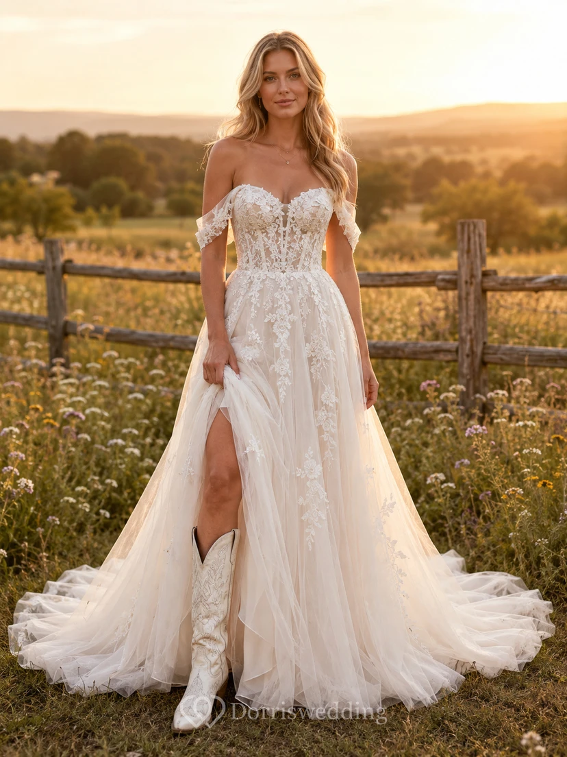 Robe de mariée de maternité, col V, manches longues en dentelle, coupe trapèze avec traîne