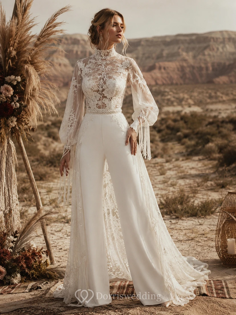 Boho High Neck Lace Bridal Jumpsuit with Fringe Sleeves, Wide-Leg Pants & Dramatic Sheer Overskirt