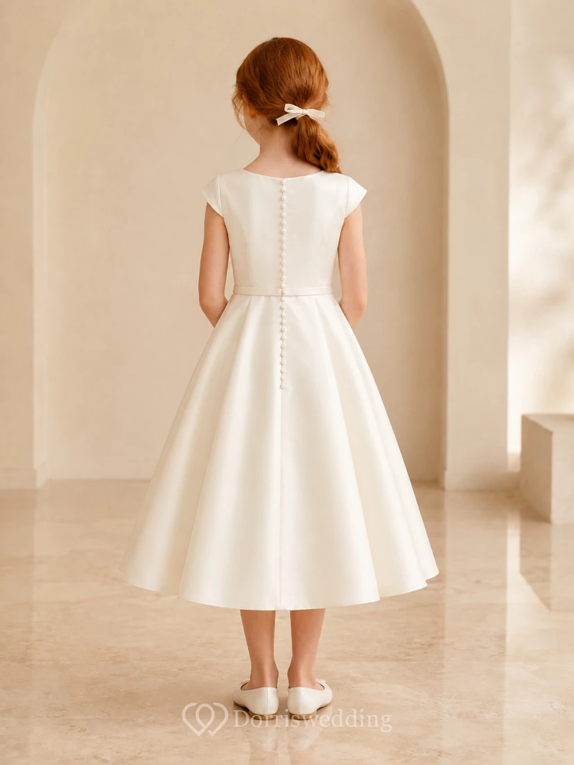 Cap Sleeve Satin A-Line Flower Girl Dress with Knee-Length Skirt and Pleated Skirt view 2