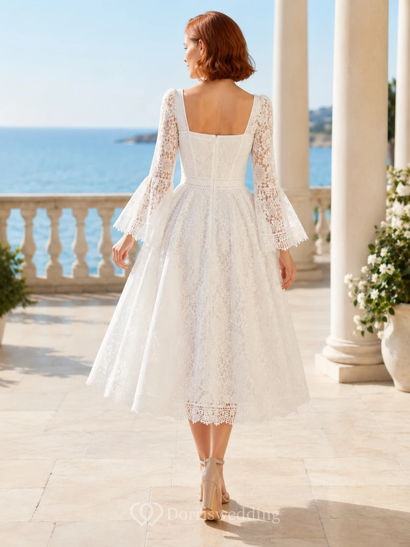 Brautkleid mit quadratischem, langen Ärmeln, Spitze, A-Linie, Teelänge, Muschelsaum, schlicht und elegant view 2