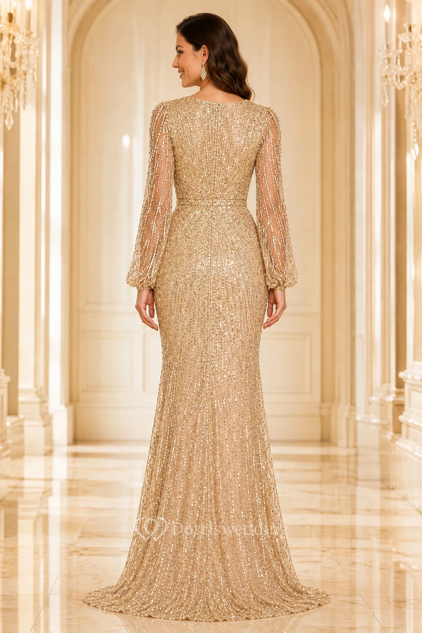 Robe de soirée fourreau champagne à sequins, manches longues et col en V view 2
