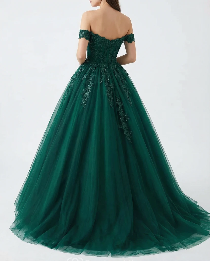 Dark Green Quinceanera Prom Ball Gown Off Shoulder Lace Applique Tulle Dress view 2