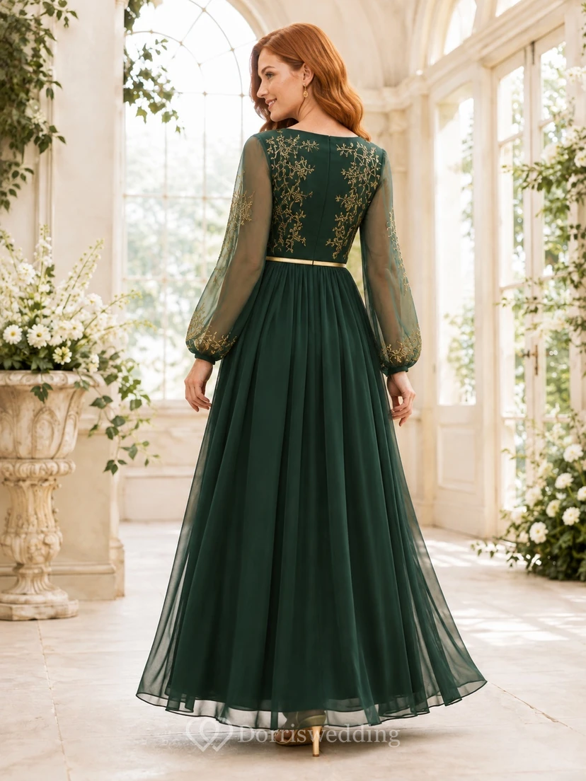 Dark Green Gold Embroidered V-Neck Illusion Long Sleeve Chiffon A-Line Formal Gown view 2
