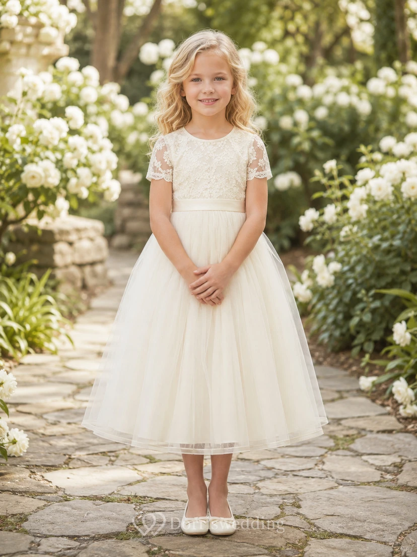 Blumenmädchenkleid aus elfenbeinfarbener Spitze und Tüll, A-Linie, Rundhalsausschnitt, Teelänge