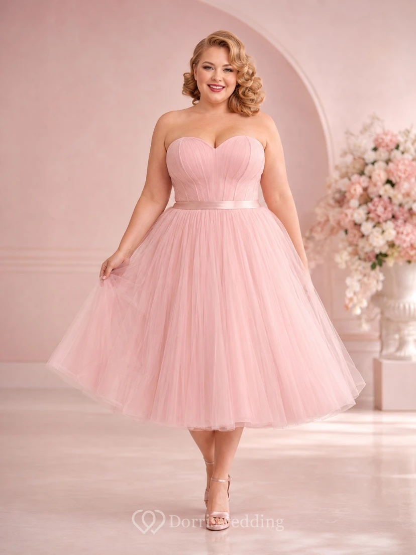 Blush Tulle Sweetheart Pleated Sleeveless Tea-Length Plus-Size A-Line Dress