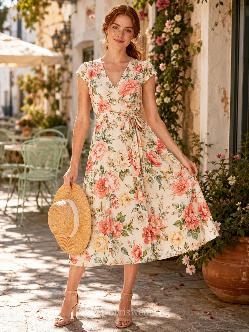 Coral Floral Cap Sleeve Tea Length Guest Dress