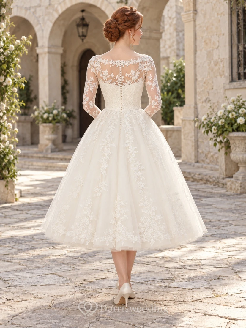 Vintage Tea-length Long Sleeve Button Bodice Tulle A-line Wedding Dress view 2