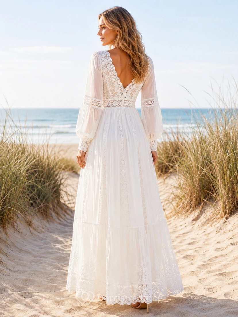 Robe de plage bohème romantique en dentelle, coupe trapèze, longue, col V, manches longues, col V, style bohème. view 2