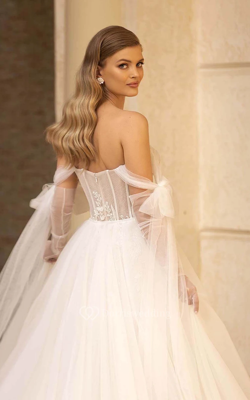 Notched Sweetheart A-line Mermaid Tulle Lace Princess Wedding Dress with Straps and Detachable Skirt view 7