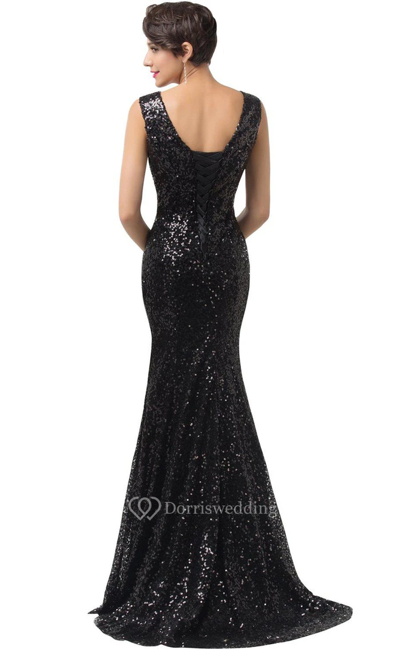 Ärmelloses Meerjungfrauenkleid mit V-Ausschnitt und Paillettenbesatz view 2