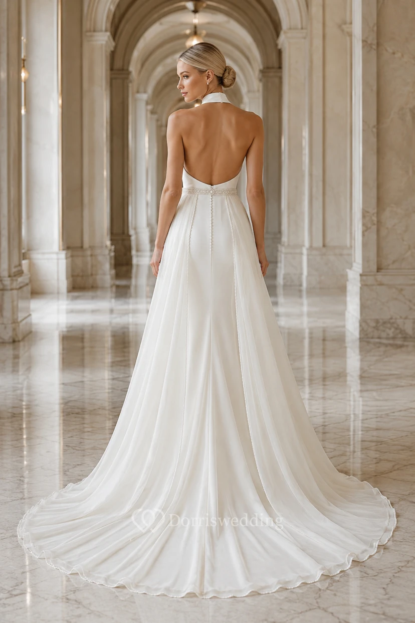 Halter Satin A-Line Wedding Dress with Side Split and Train view 2