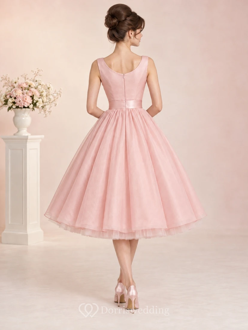 1960s Tea-length Blush Bateau Satin Bodice Tulle A-line Prom Dress view 2