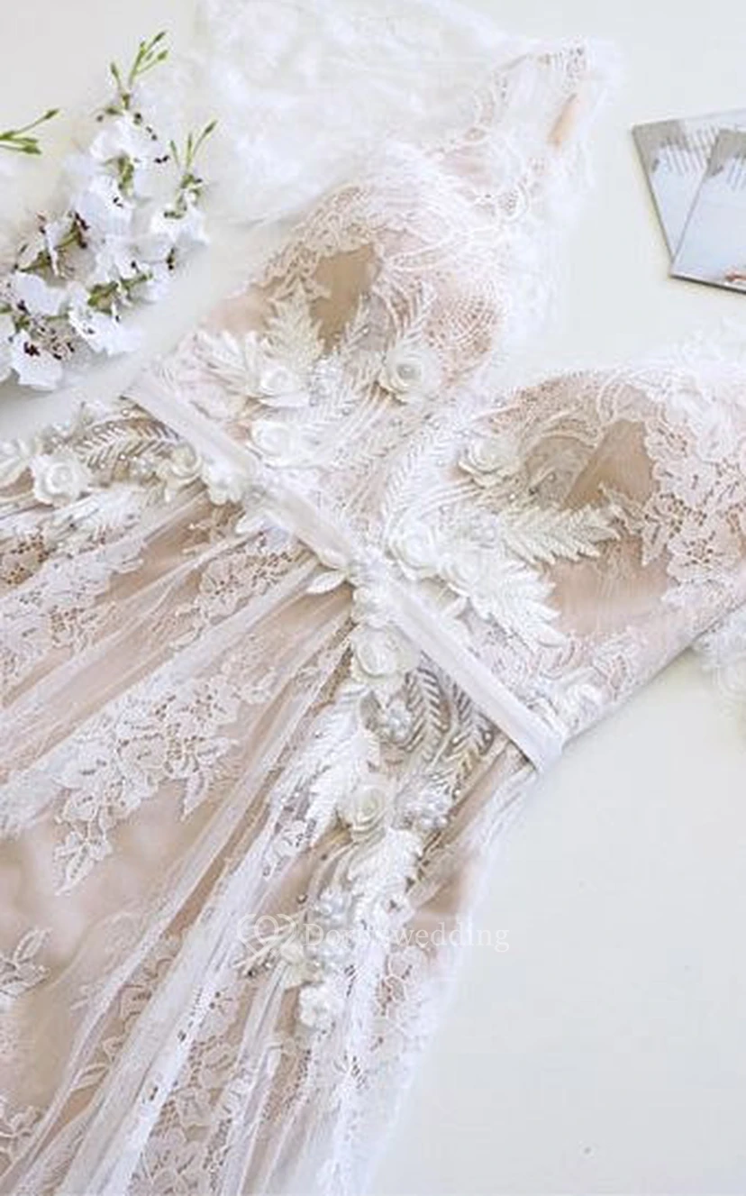 Bohemian Empire Rustic Wedding Dress | Lace Bridal Gown with Sleeves view 4