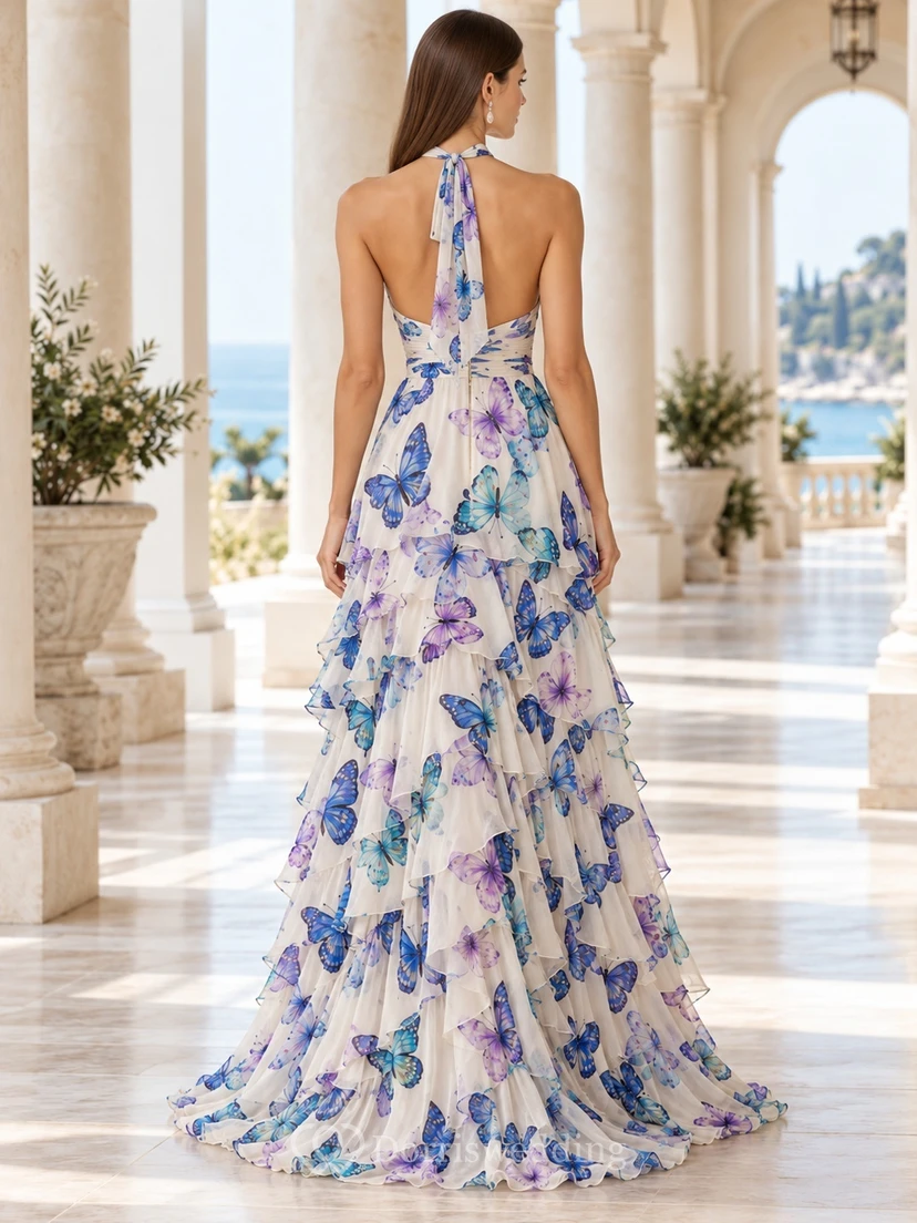Vestido de noche formal de gasa con volantes y estampado de mariposas color marfil, corte asimétrico, escote halter, largo hasta el tobillo view 2