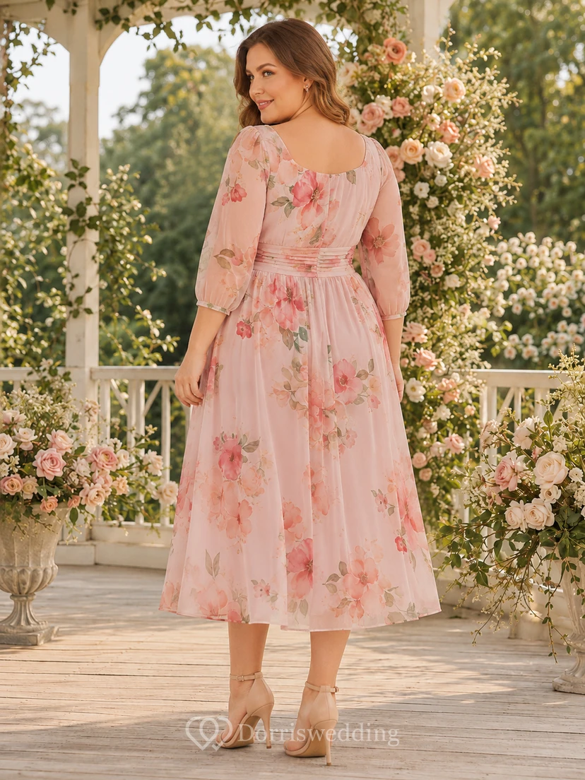 Blush V Neck Three Quarter Sleeve Floral Chiffon Tea Plus Size Guest Dress view 2