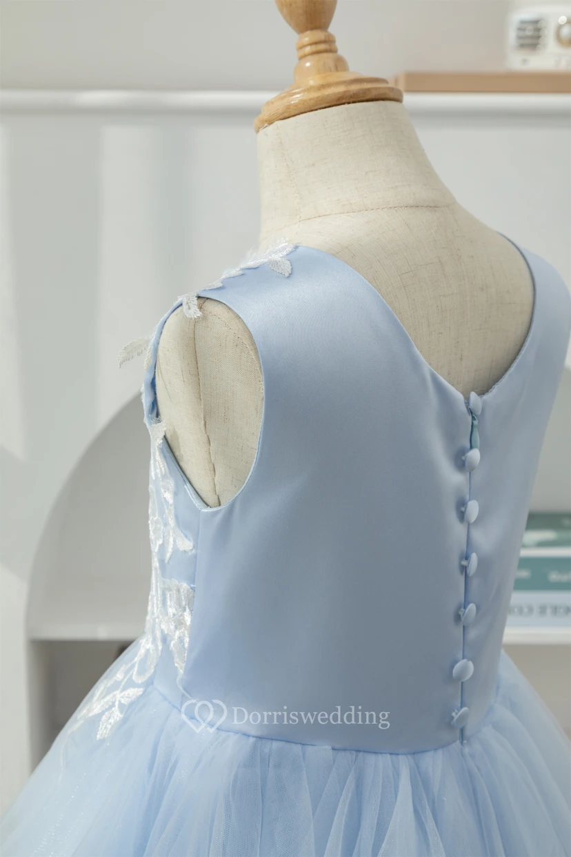 Sky Blue Scoop-neck Applique Ruffled Tulle Short Flowergirl Dress view 9