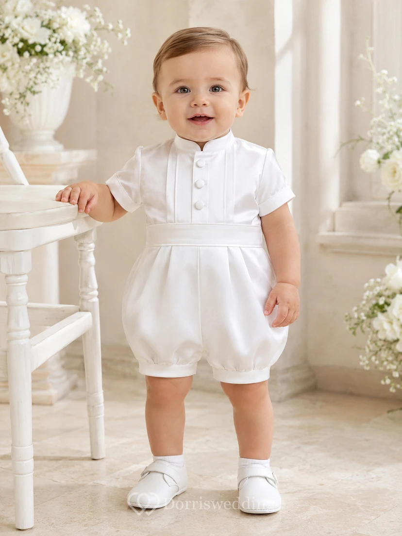 White Double Button Bib Short Sleeve Baptism Bubble Romper for Baby Boy