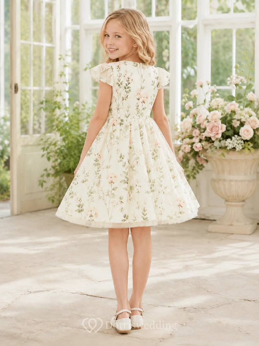 Botanical Print Flower Girl Dress with Flutter Sleeves, Tulle A-Line Silhouette, Natural Waist, and Tea-Length Skirt view 2