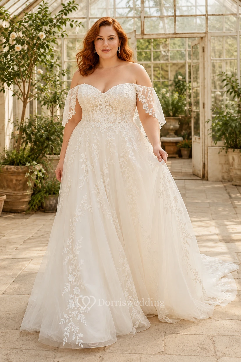 Robe de mariée rose poudré grande taille à épaules dénudées et manches longues