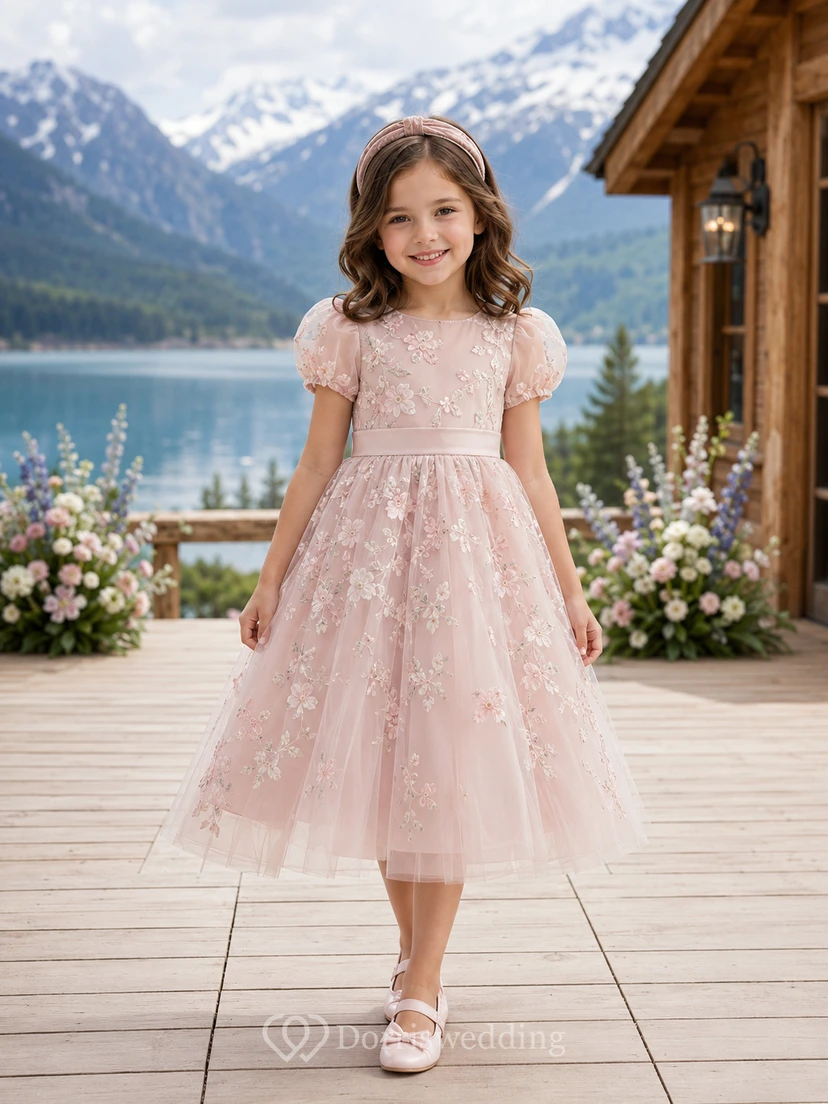 Blush Flower Girl Dress Tea-Length Floral Embroidered Tulle A-Line Jewel Neck Puff Sleeve Satin Bow Zipper Back