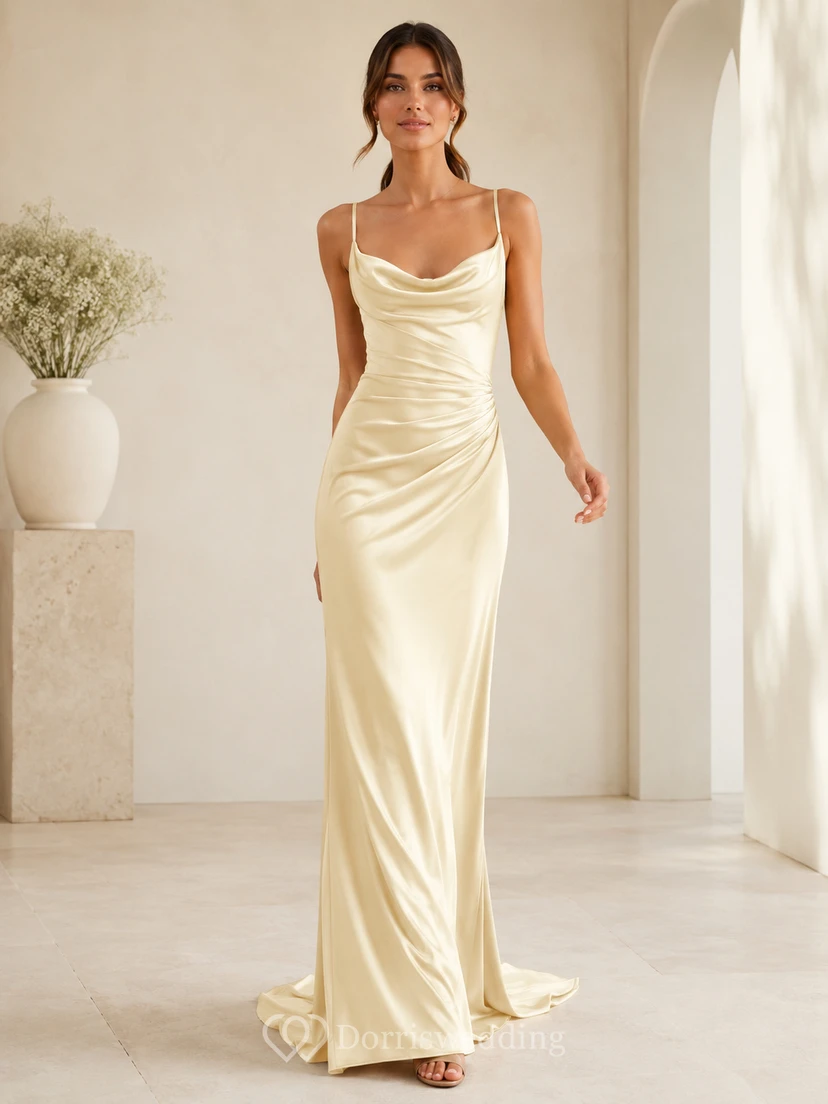 Robe de mariée fourreau en satin jaune jonquille à col bénitier et traîne balayée, bretelles spaghetti, col roulé, robe de mariée fourreau en satin à fines bretelles et col roulé.