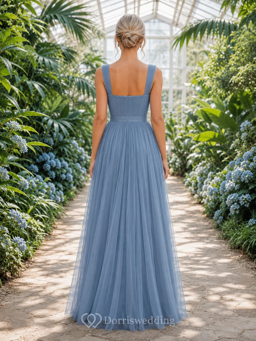 Steel Blue Greenhouse A-Line Tulle Bridesmaid Dress with Sleeveless Square Neck Straps Bodice, Pleated Floor-Length Skirt and Strappy Zipper Back view 2