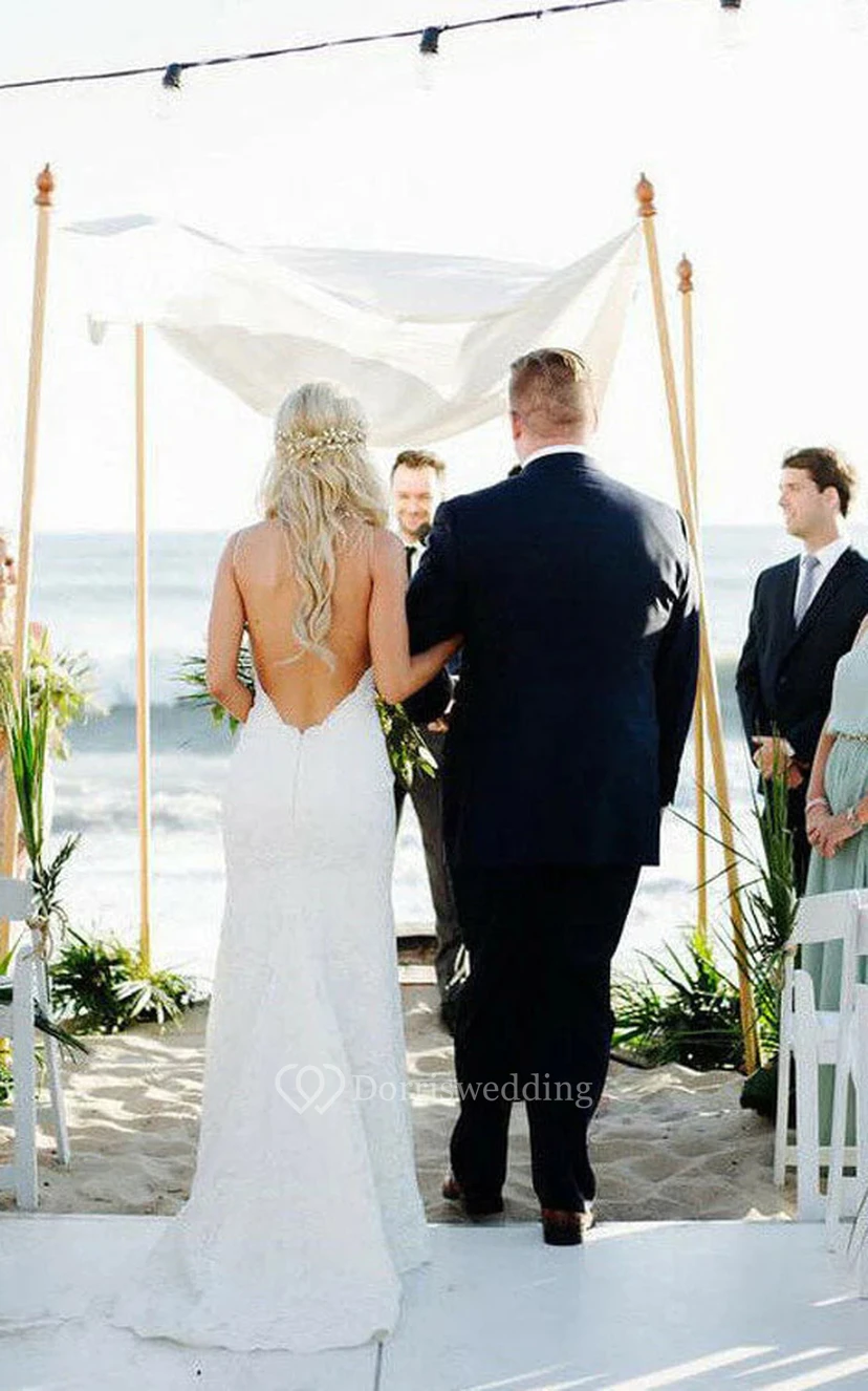 Spaghetti Casual Beach Lace Sheath Backless Summer Boho Wedding Dress view 2