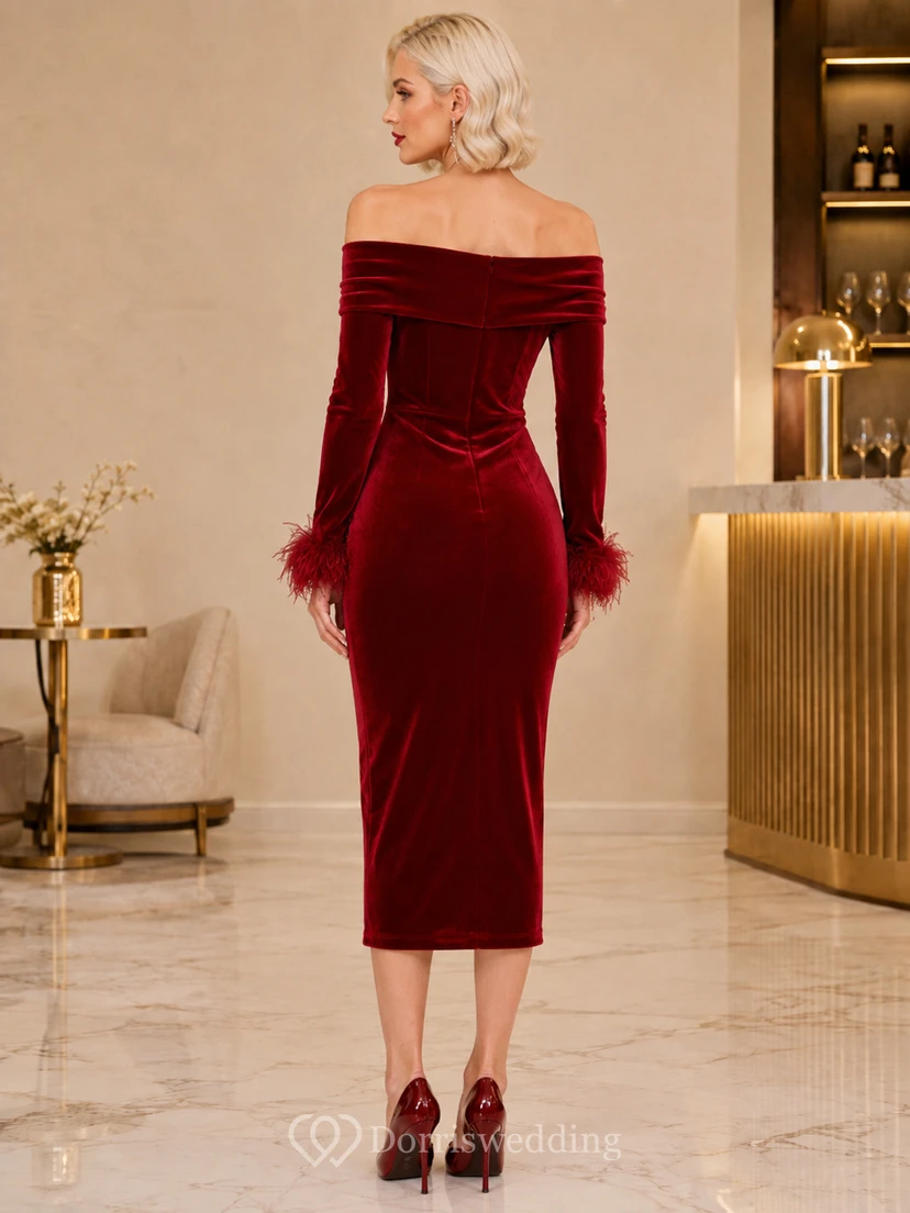 Burgunderfarbenes, schulterfreies Samtkleid mit Federmanschetten und Raffungen – perfekt für Tee, Abend und Cocktail. view 2
