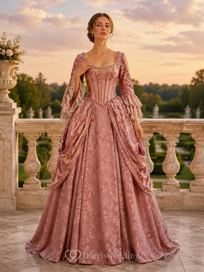 Vestido de gala largo hasta el suelo con escote cuadrado y mangas acampanadas en tafetán color rosa empolvado