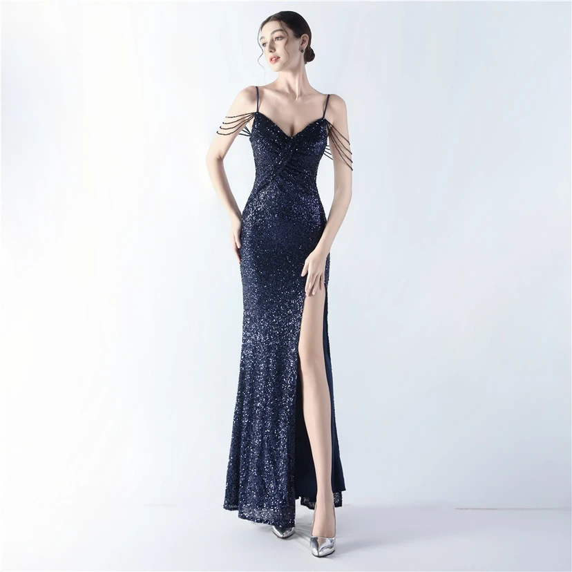Robe de soirée sexy à bretelles et fente haute, ornée de perles et de perles artisanales. view 28