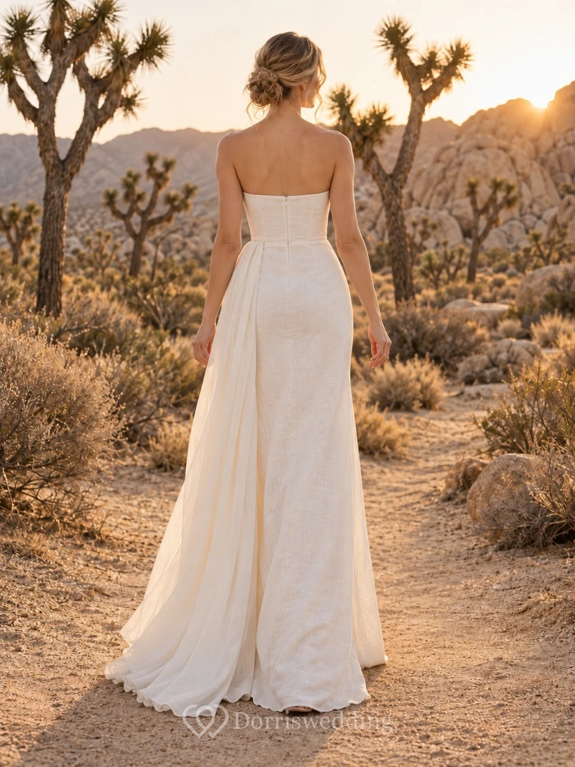 Vestido de novia sencillo, sin tirantes, sin mangas, drapeado, de mezcla de lino, largo hasta el suelo view 2