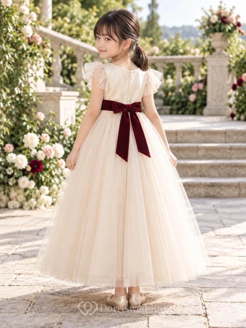 Ivory A-line Tulle Flutter-sleeve Ankle-length Satin-bodice Burgundy-sashed Flower-waist Flower Girl Dress view 2