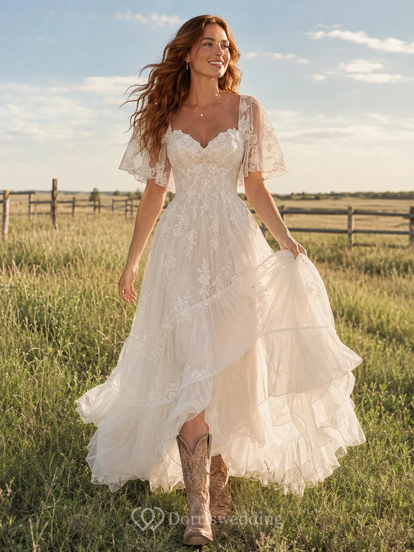 Country Boho Romantic A-Line Lace Tulle Wedding Dress with Sweetheart Flutter Sleeves Short Sleeve High-Low Ruffled Tiered Low Back Deep V Detail
