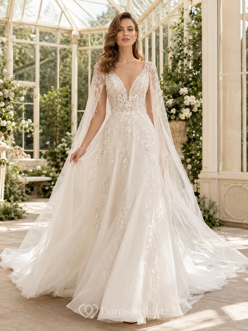 Robe de mariée trapèze en dentelle florale à col en V et traîne cathédrale