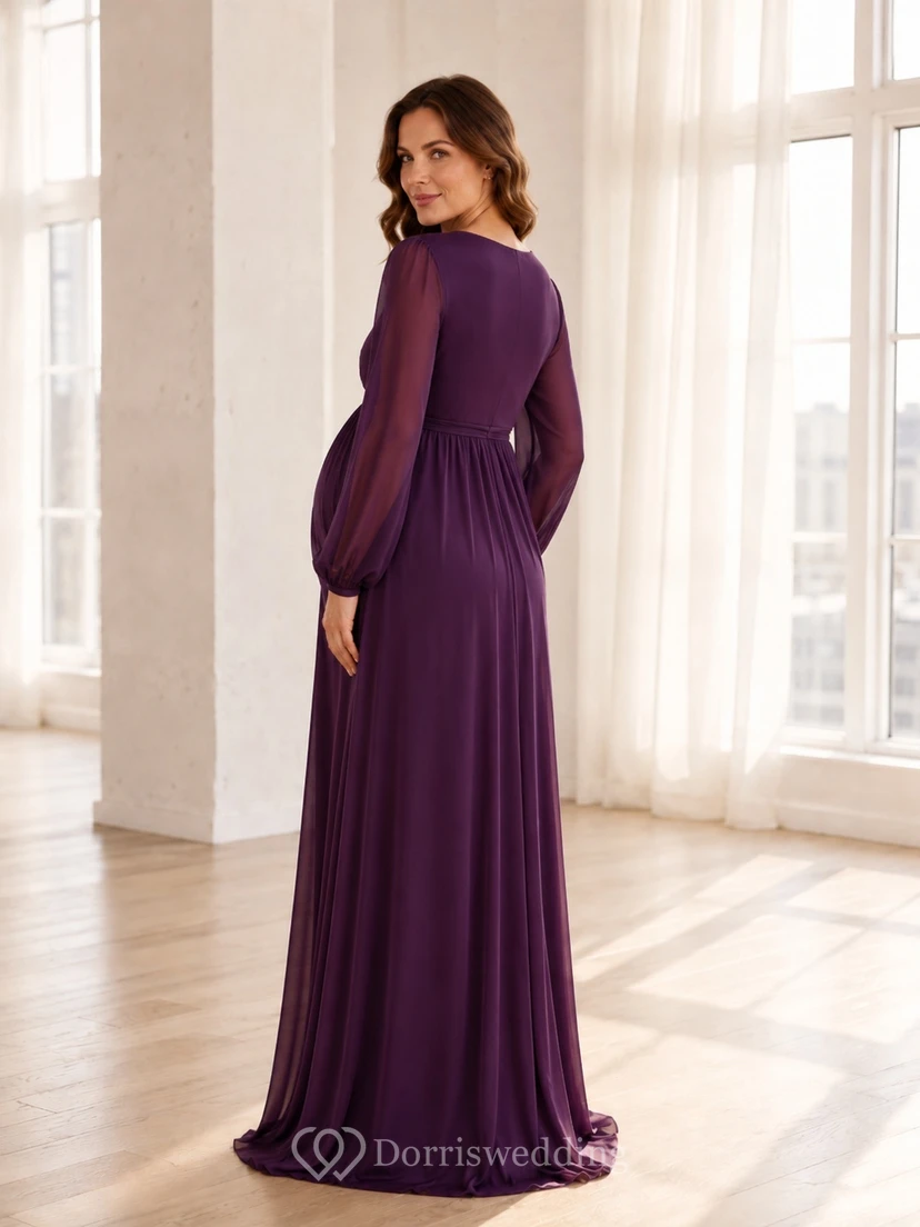 Plum Maternity V-Neck Long Sleeve Empire Chiffon Formal Gown view 2