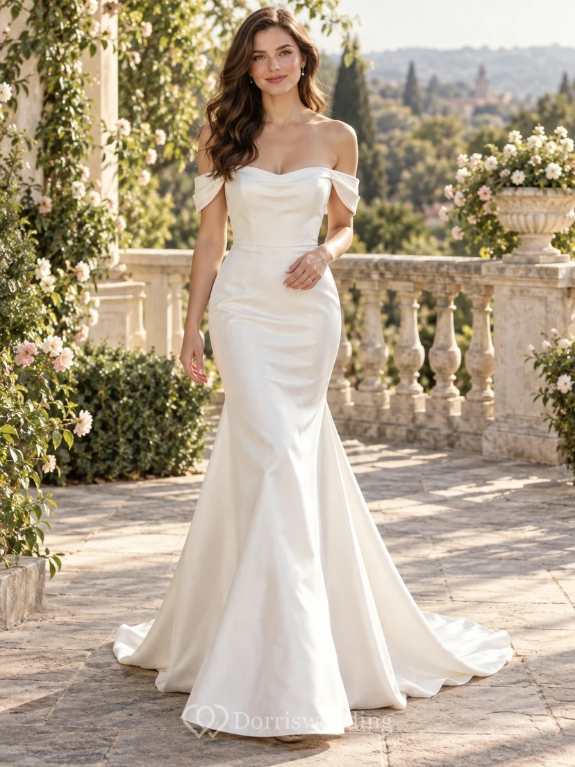 Meerjungfrauen-Brautkleid, schlicht, schulterfrei, mit Schleife am Rücken, drapiert, aus gewebtem Satin, tailliert, langes Hochzeitskleid