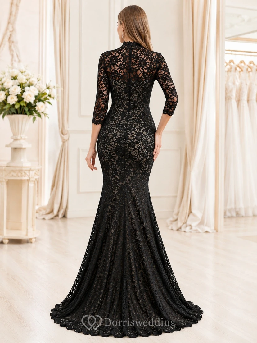 Black Lace Jersey High Neck Long Sleeve Mermaid Evening Gown view 2