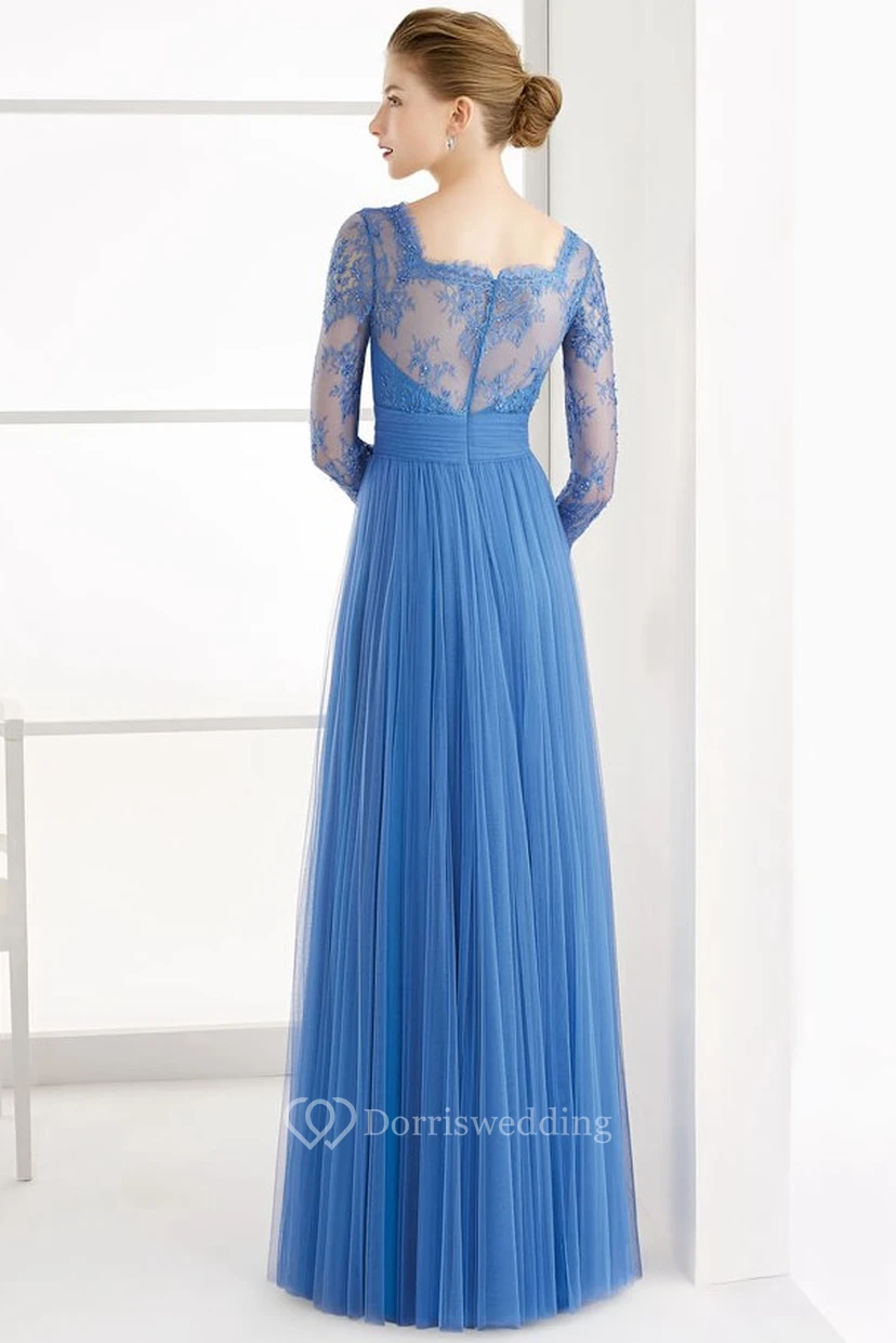 A-Linien-Abendkleid aus Tüll mit 3-4 Ärmeln, V-Ausschnitt, bodenlang, mit Blumenmuster und Falten view 2