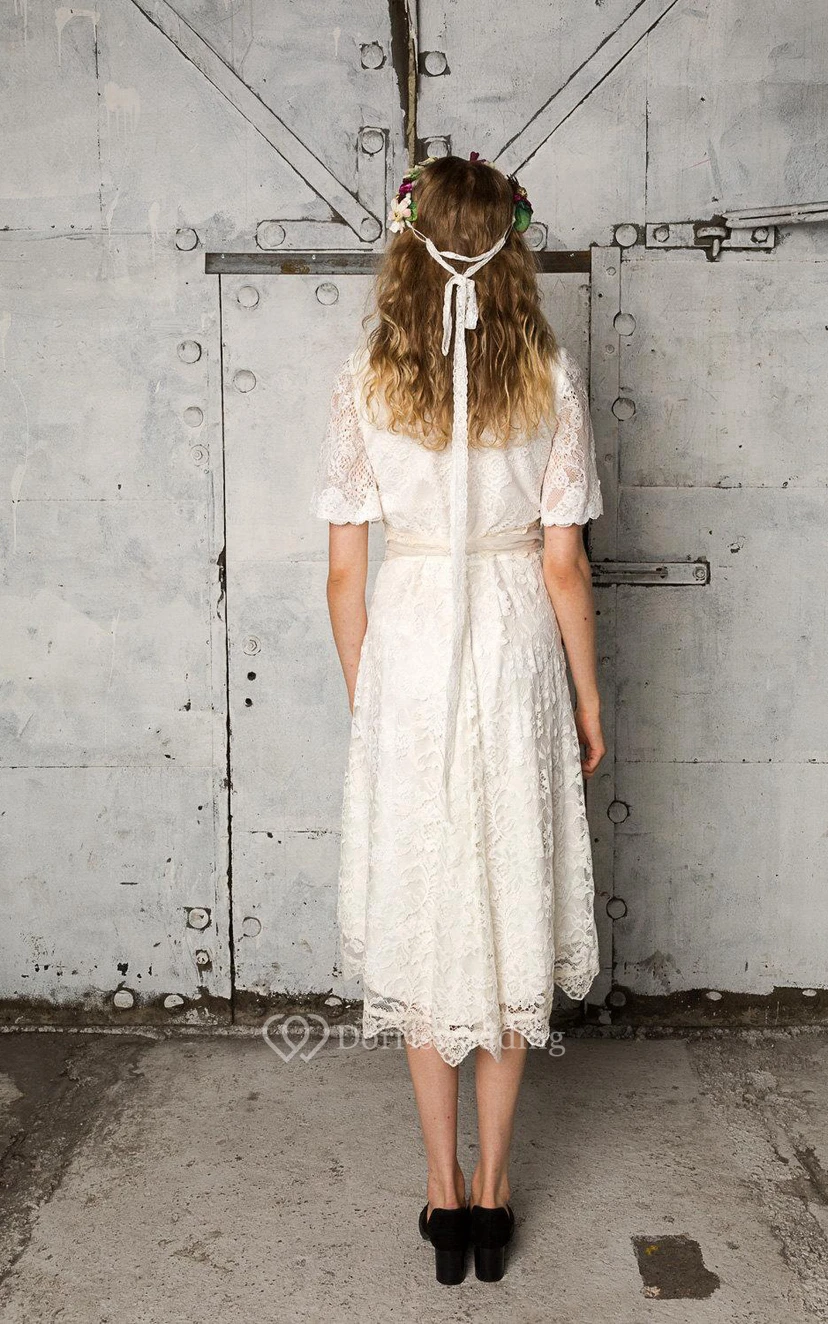 V-Neck Short Sleeve A-Line Knee Length Lace Dress With Bow Sash view 5