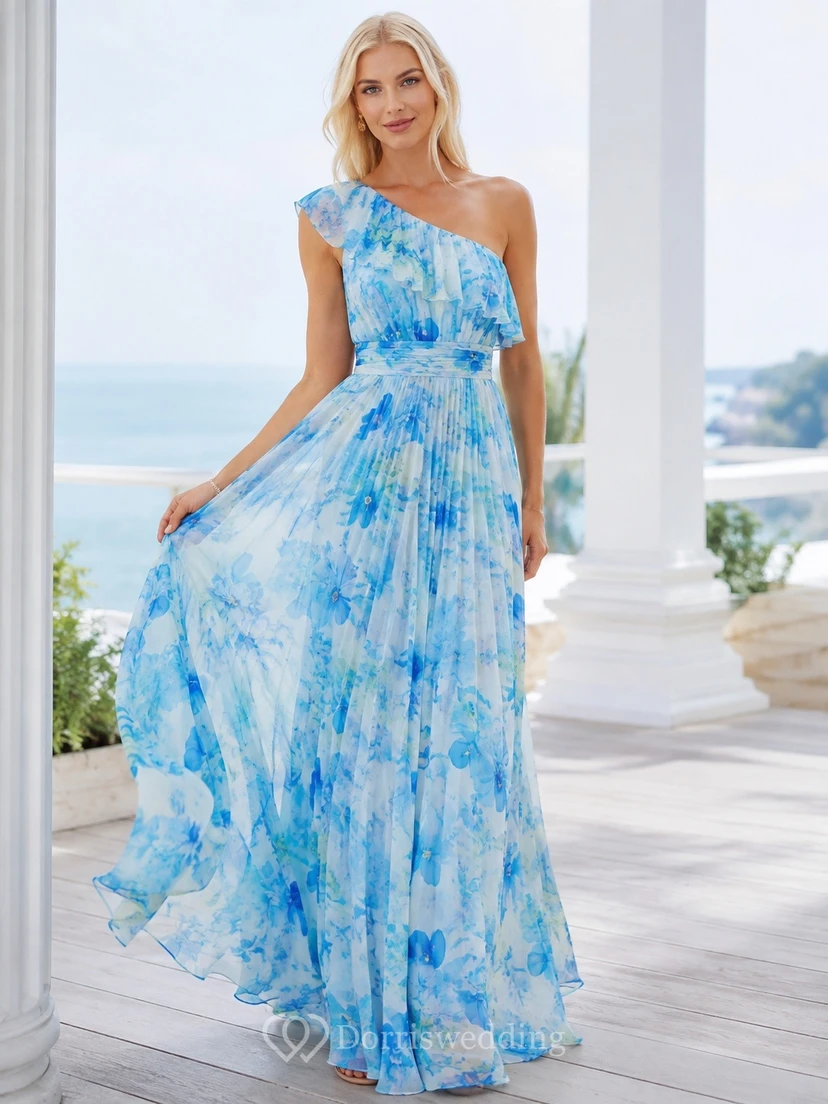 Sky Blue Floral Chiffon One-Shoulder Sleeveless Floor-Length A-Line Dress