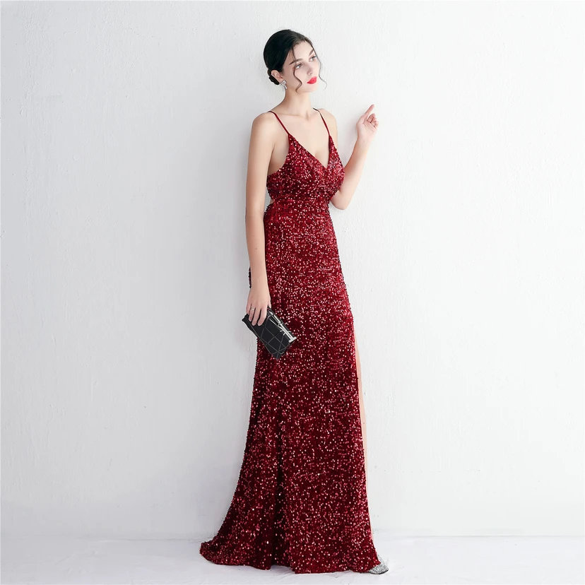 Paillettenbesetztes Abendkleid mit Samtsaum, langen Trägern und schmaler Silhouette für elegante Bankette view 6