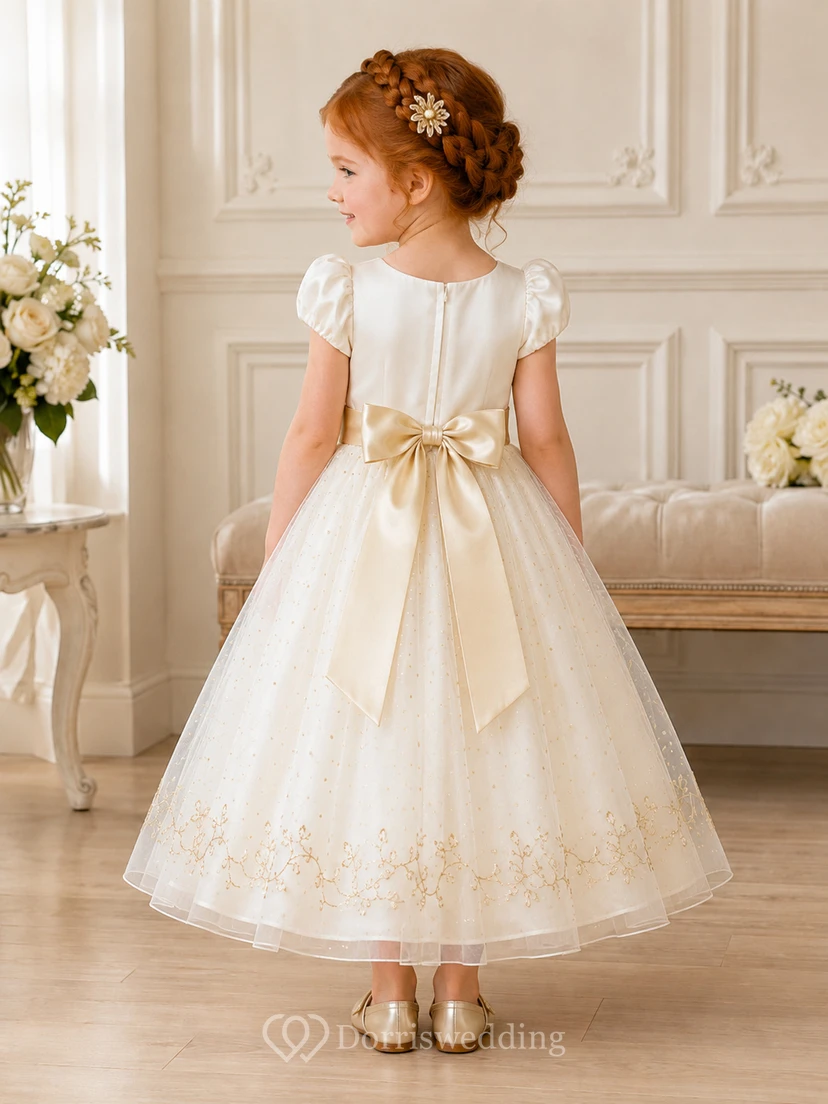 Champagne Gold Tulle A-Line Flower Girl Party Dress with Puff Sleeves Floral Appliques and Bow view 2