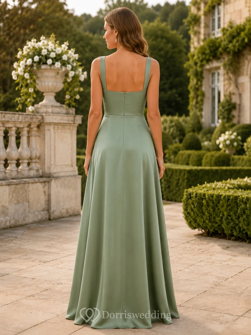 Sage green square neck satin floor length A-line bridesmaid dress view 2