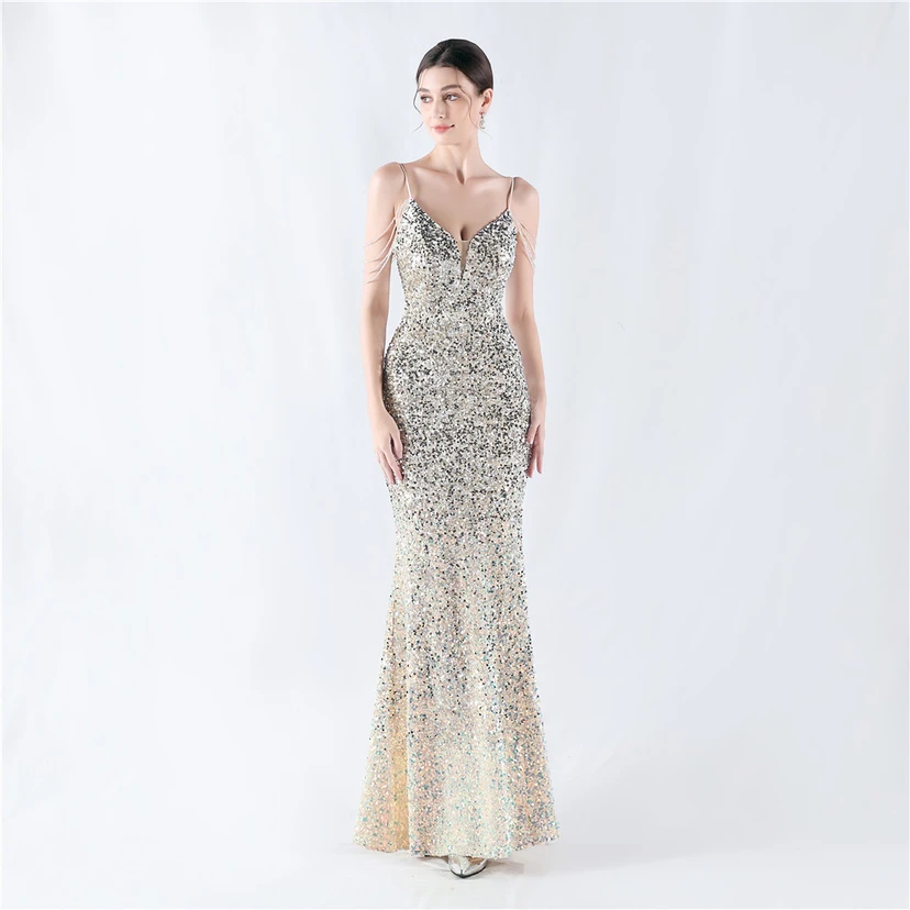 Velvet-Bottom Gradient Sequined Sexy Beaded Suspender Evening Dress view 61