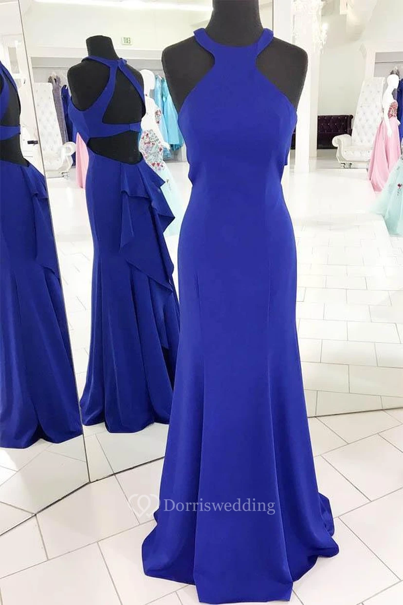Mermaid Trumpet Sheath Satin Halter Sleeveless Zipper Keyhole Dress